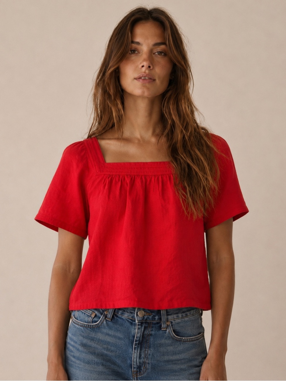 J.Crew Sailor Square Neck Linen Top Red Arroyo Small